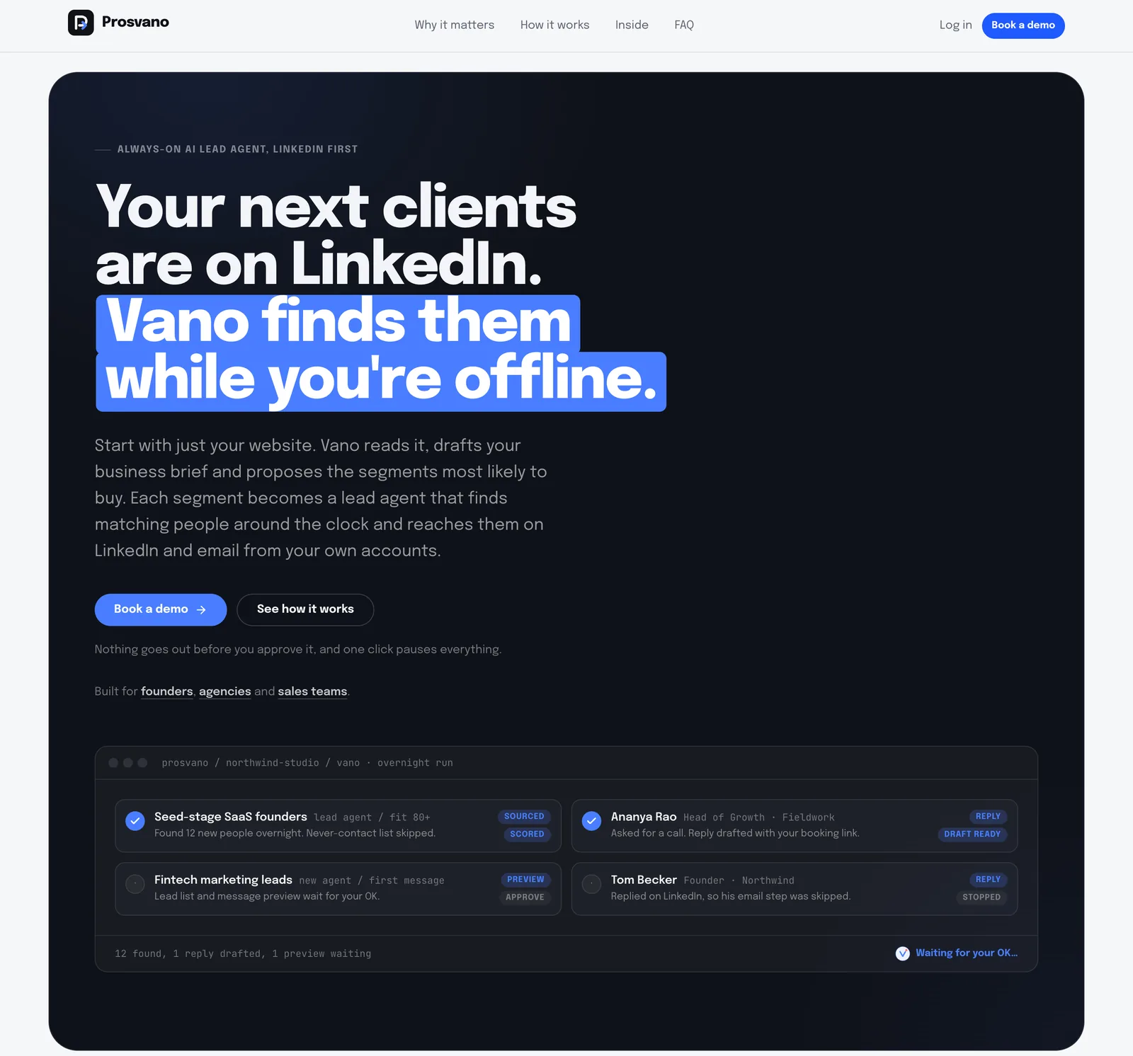 Prosvano’s homepage: an always-on AI lead agent for LinkedIn.