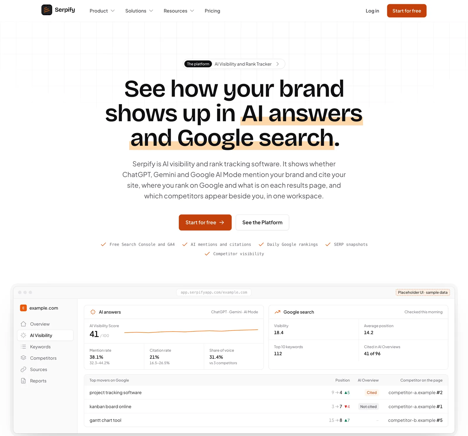 Serpify’s homepage: AI answers and Google search tracked side by side in one workspace.